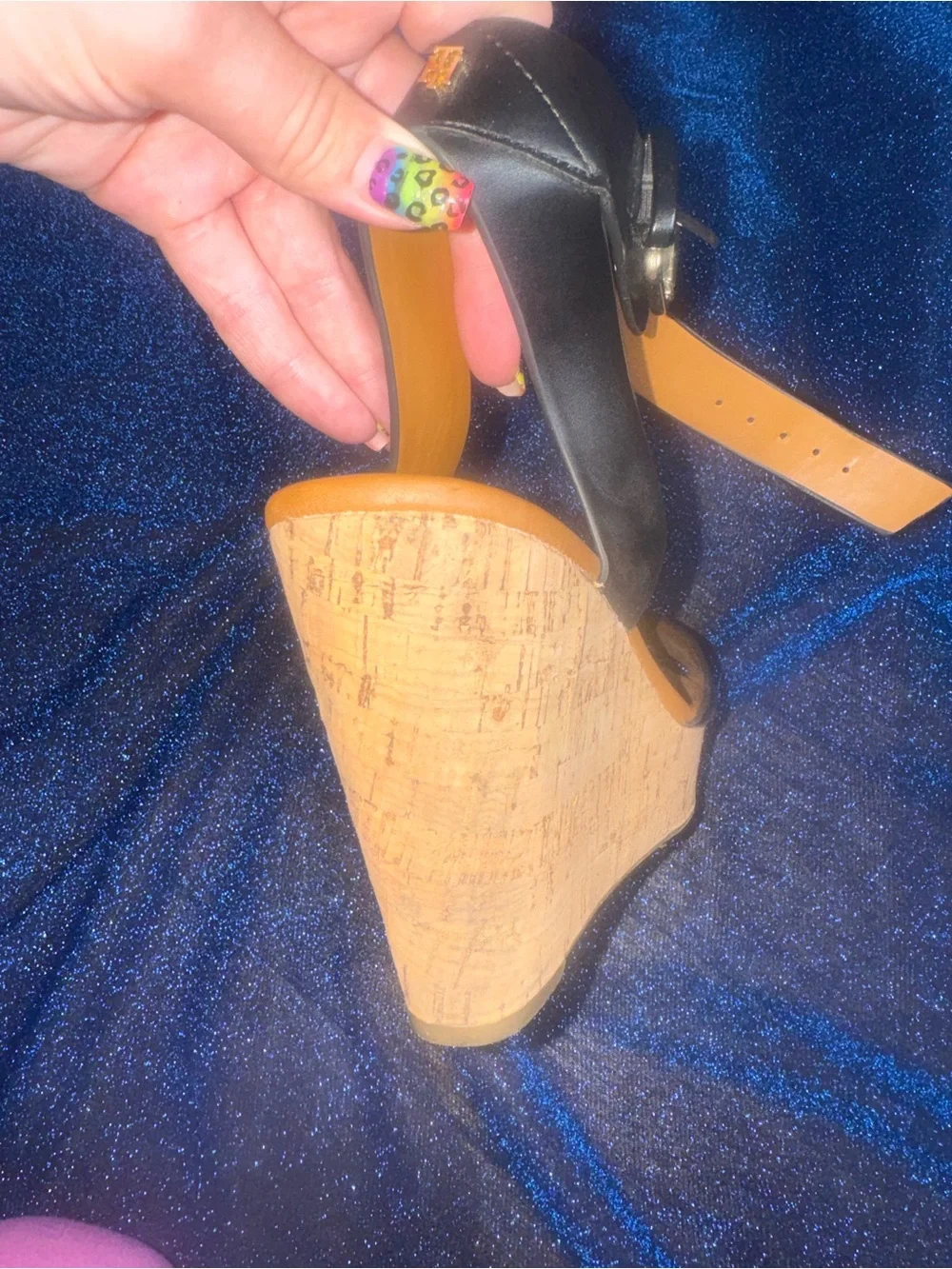 Tommy Hilfiger Black Cork Wedge Sandals with Buckle Strap size 9